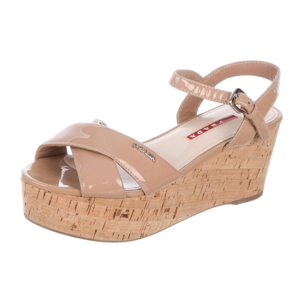 Prada Sport Patent Leather Sandals Cork Wedge EUC